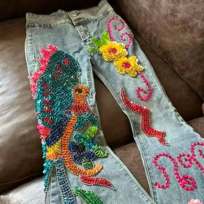 WHITNEY WANG Designer Style  Autumn Fashion Streetwear Handmade Sequins Beading Bird Big Flare Jeans Women Denim Pant