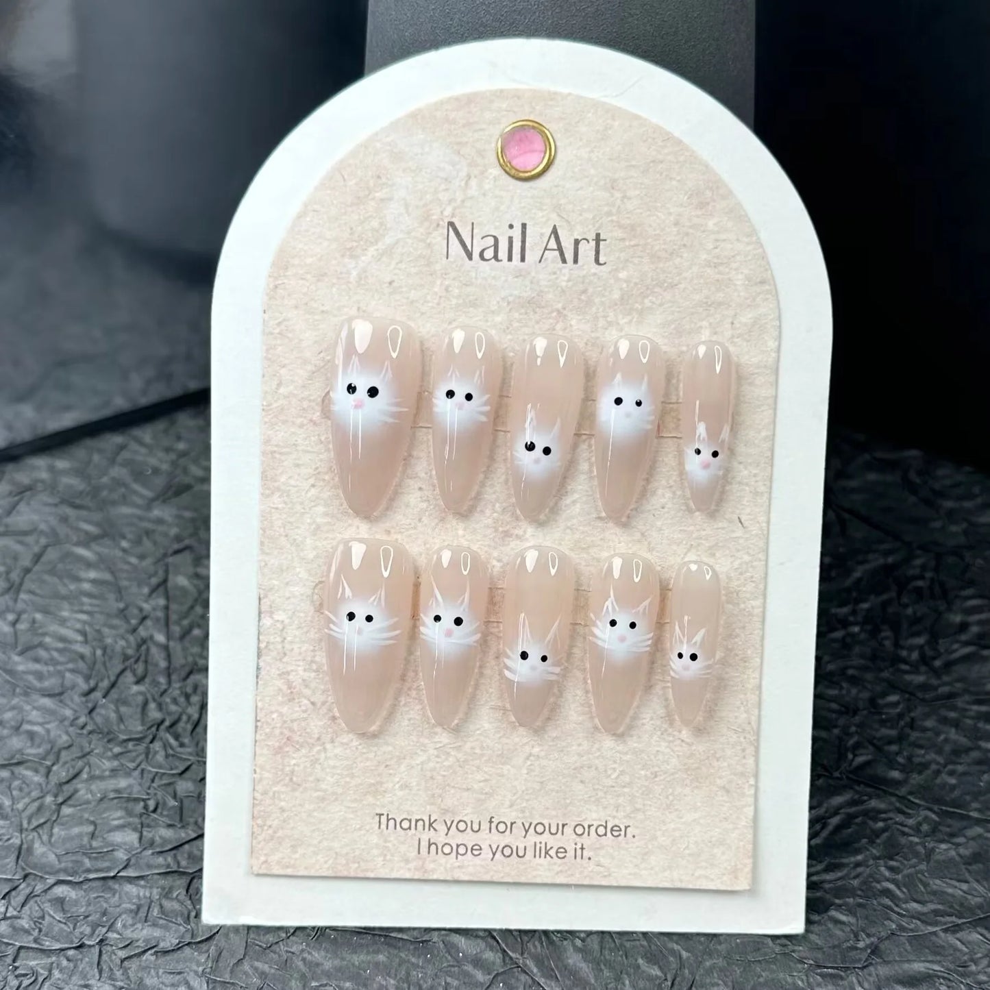 10pcs Handmade Long Fake Nails Pink Nails Cute White Fox Nail Art Press on Nails for Women Daily Wear