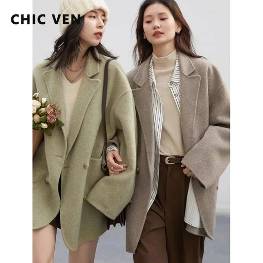 CHIC VEN Women's Woolen Coats Loose Casual Double Breasted Retro Double-sided Jacket Office Lady Outerwear Autumn Winter