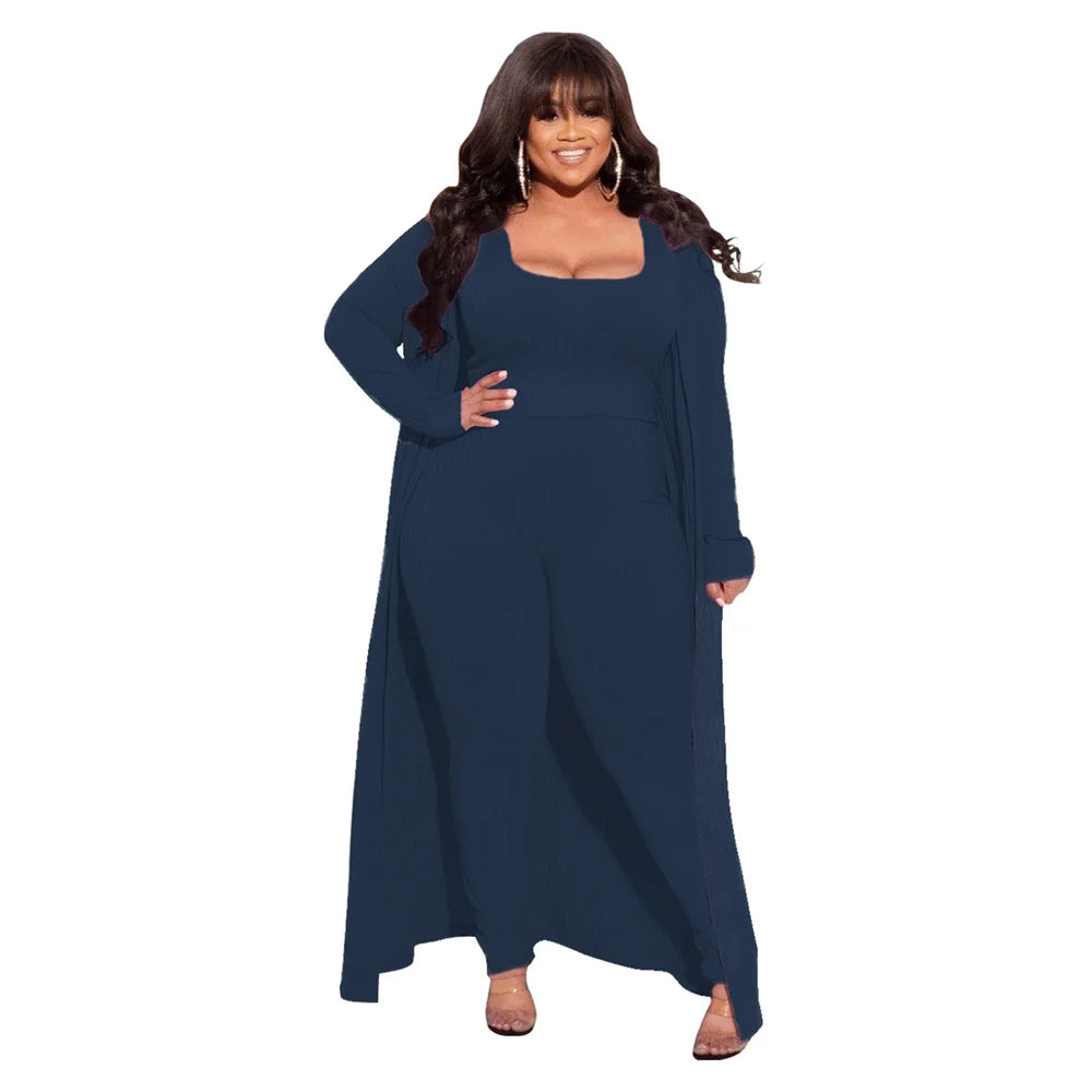 3 Piece Women Outfits Sets Sexy Square Collar Tops+long Coat Tight Pants Solid Color Fashion Plus Size Clothing Wholesale  suits