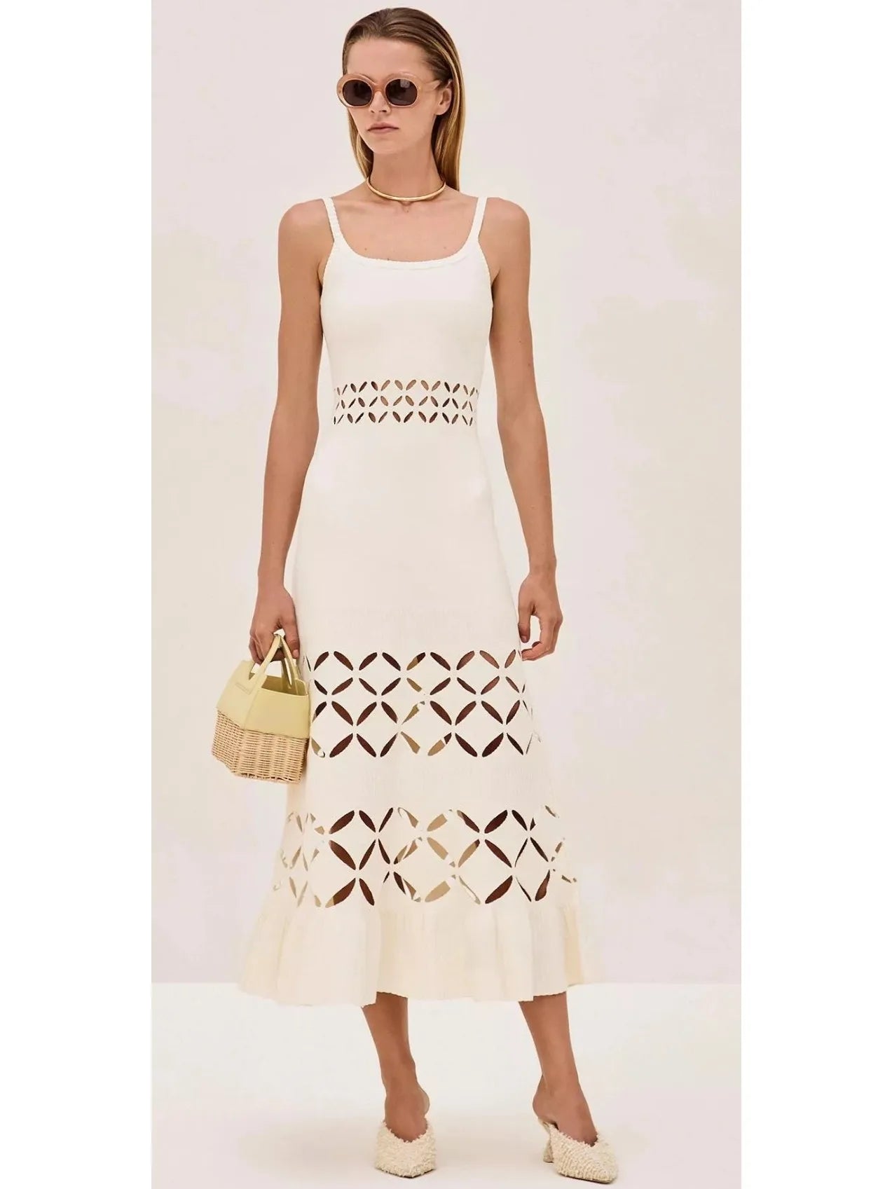 Women Sexy Strapless Sleeveless Cut Out Pure White Slim Long Knit Suspender Dress
