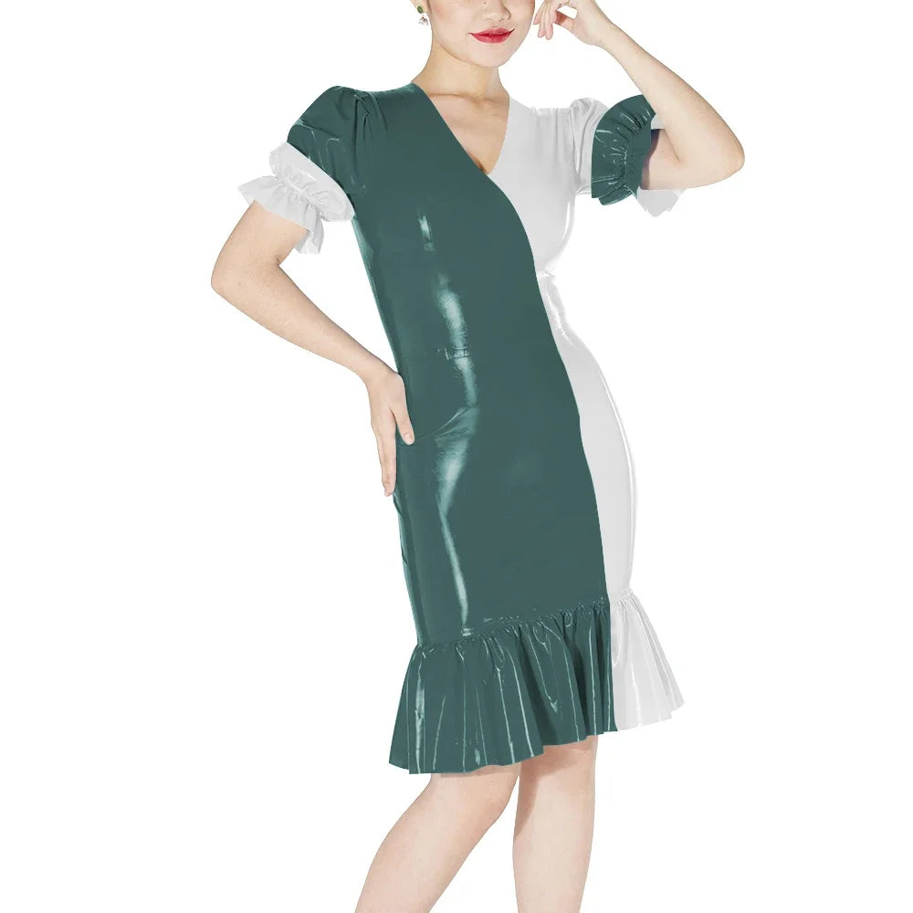 Plus Size Knee-length Patchwork Dress Glossy Faux Leather Party Bodycon Short Sleeve Dress Back Zipper Ruffles Hem Womens Dress