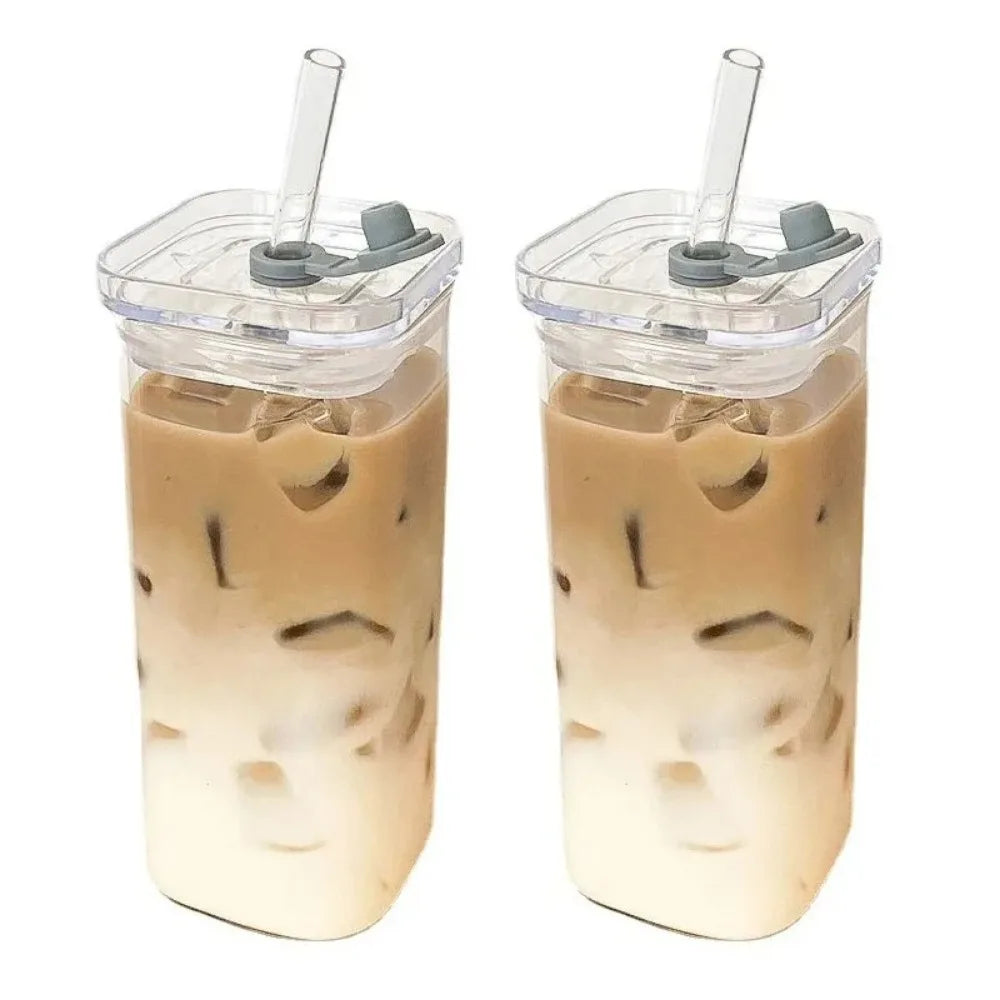 manufacturer  1pcs Square Heat Resistant Coffee Glass Cup With Lid and Straw Transparent Milk Tea Juice Cups Coffee Mug For Home Bar Drinkware   Kitchen gadgets