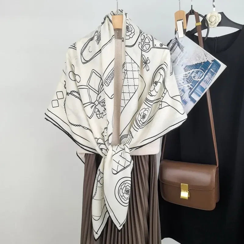 High-end Elegant Women Exquisite Ornate Accessories Double-sided Print Quality Silk Wool Hand-rolled Edge Big Square Scarf Shawl