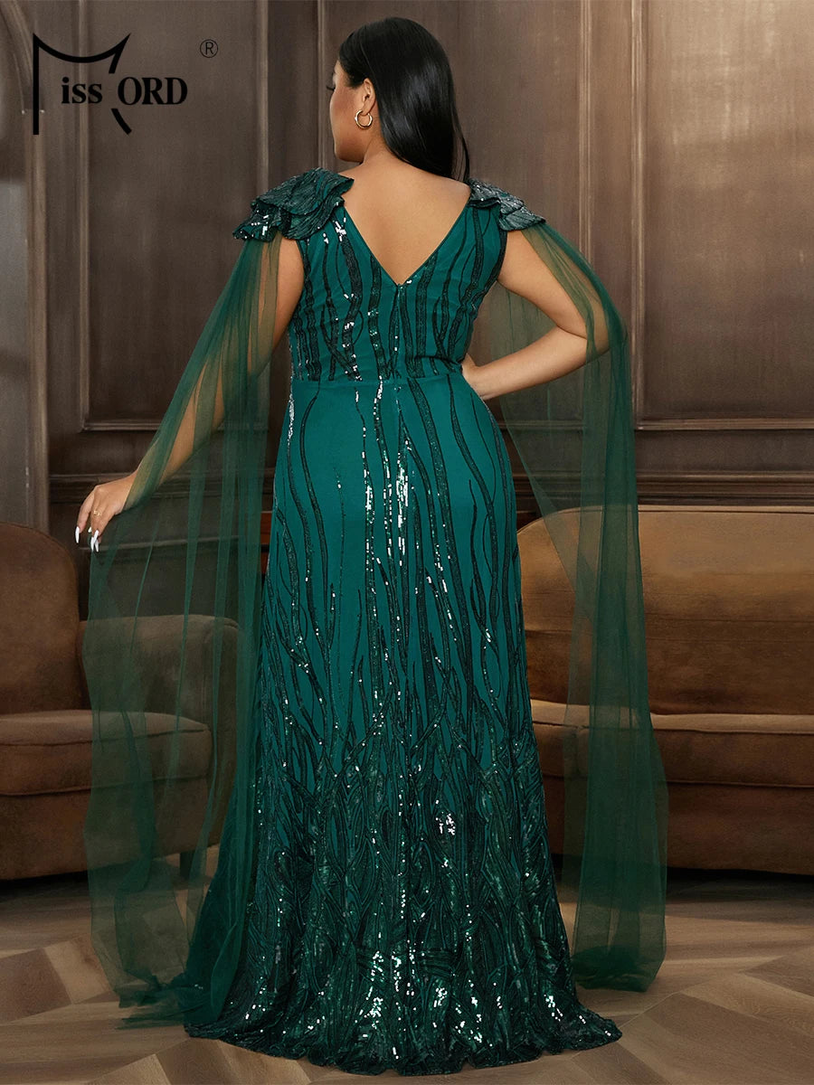 Missord Plus Size V Neck Sequin Mesh Floor Length Evening Dress 4XL Festival Banquet Party Big Size Drees