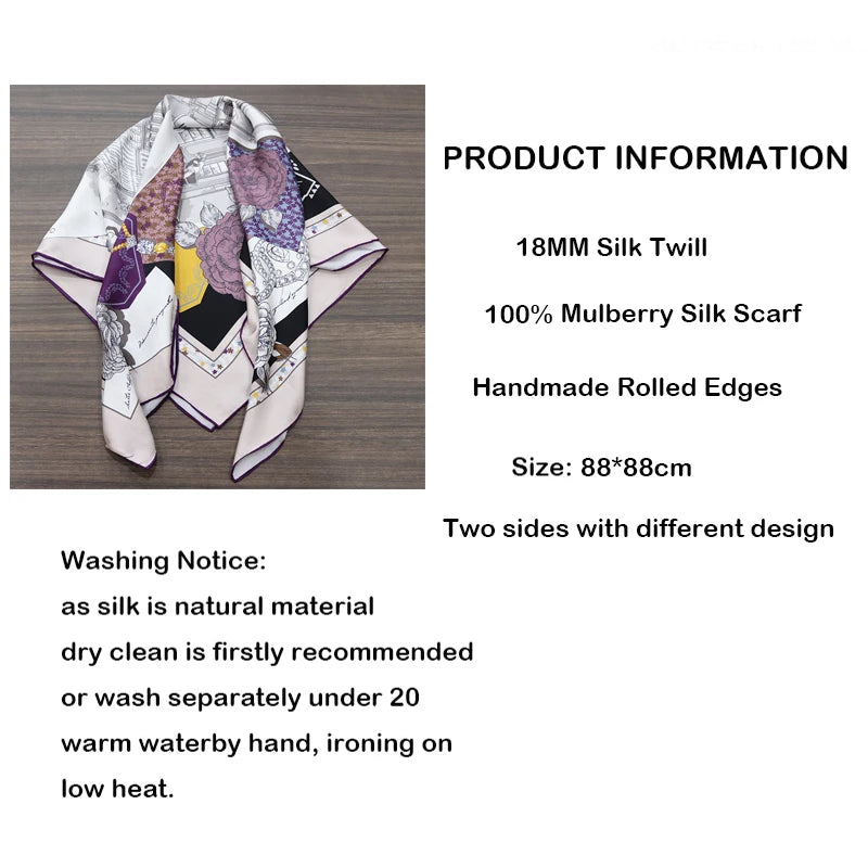 88×88cm 18MM 100% Silk Twill Scarf For Women Luxury Brand Double Sides With Different Design Square Size Shawls And Wraps Autumn