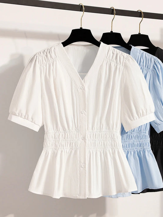 Plus Size Chiffon Blouse Women Summer New Fashionable V Neck Short Sleeve Big Size Women Tops Elastic Waist Shirts Blouses  dress