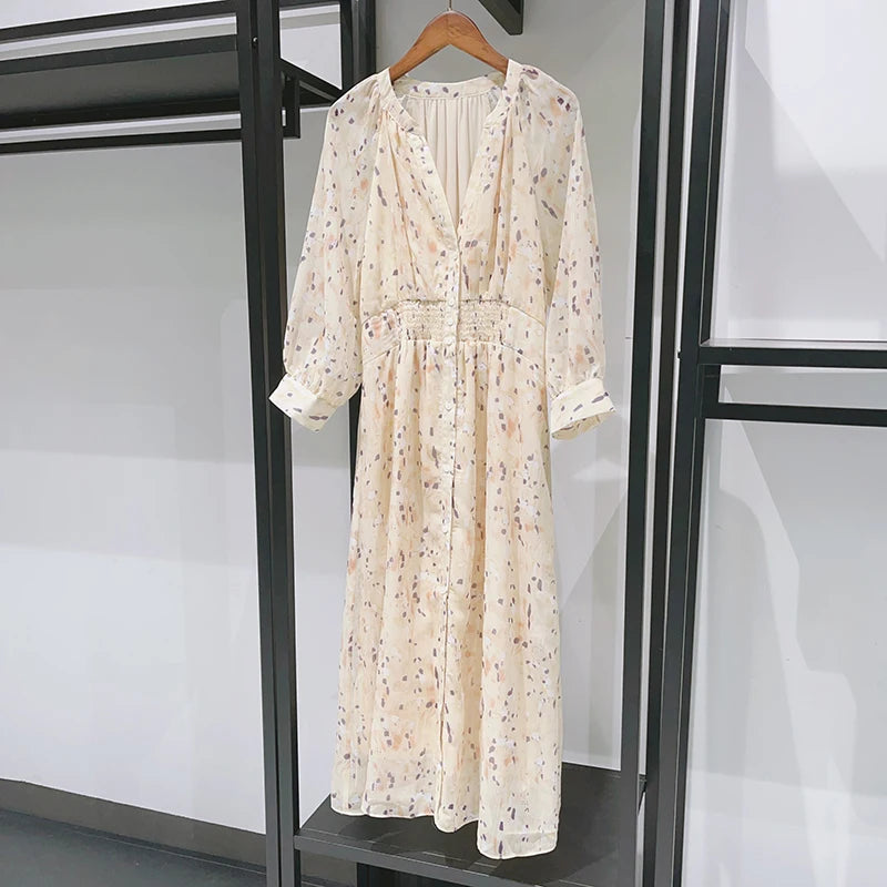 Summer New Floral Print Lace-Up Wrap Dress for Ladies V-Neck Short-Sleeved High-Waisted Slim Temperament Open Long Robe