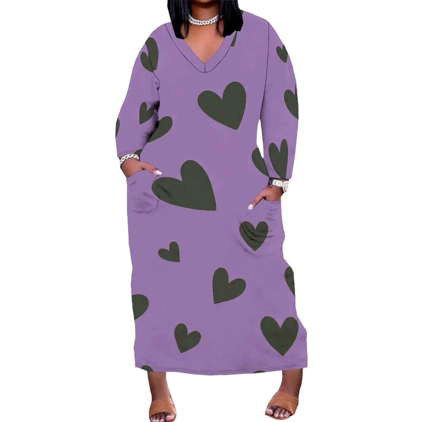 Women's Long Sleeve Plus Size Polka Dot Print Maxi Dress V Neck with Pockets Dress Loose Casual Autumn Outfit